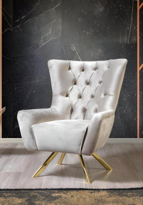 Chesterfield fauteuil tapissé gris clair salon pieds en acier inoxydable