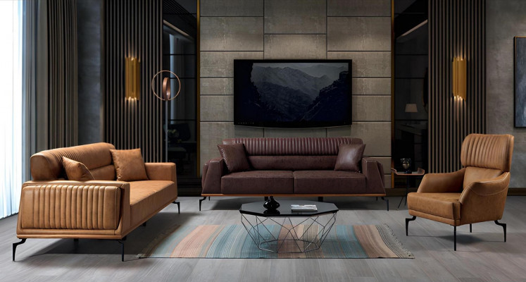 Canapé moderne en cuir brun, design, salon, canapé trois places, mobilier design.
