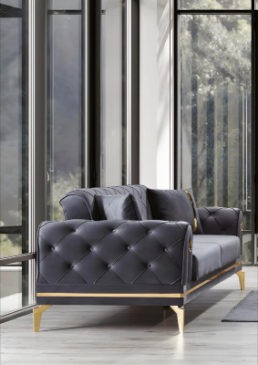 Canapé en tissu gris Chesterfield Salon design trois places en textile 3 places