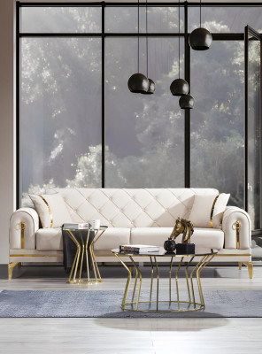 Canapé Chesterfield en acier inoxydable blanc pour salon, trois places, mobilier de luxe.