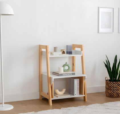 Étagère beige-blanc en bois de haute qualité, meuble d'appoint avec étagères.