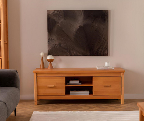 Meuble TV brun élégant pour salon, meuble bas en bois avec tiroirs.