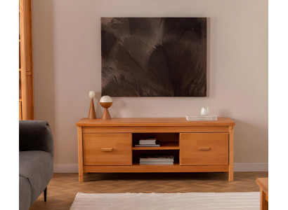 Meuble TV brun élégant pour salon, meuble bas en bois avec tiroirs.