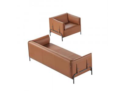 Bureau 2 pièces canapé 3 places avec fauteuil brun uni design moderne