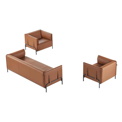 Ensemble de mobilier de bureau 3 pièces, canapé 3 places avec 2 fauteuils, couleur marron, salle de travail.
