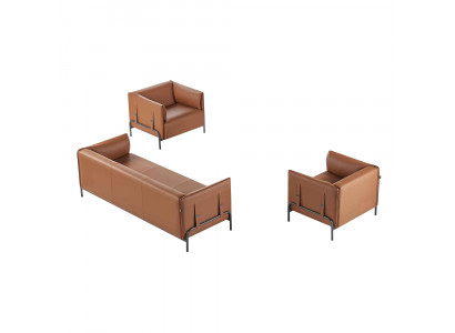 Ensemble de mobilier de bureau 3 pièces, canapé 3 places avec 2 fauteuils, couleur marron, salle de travail.