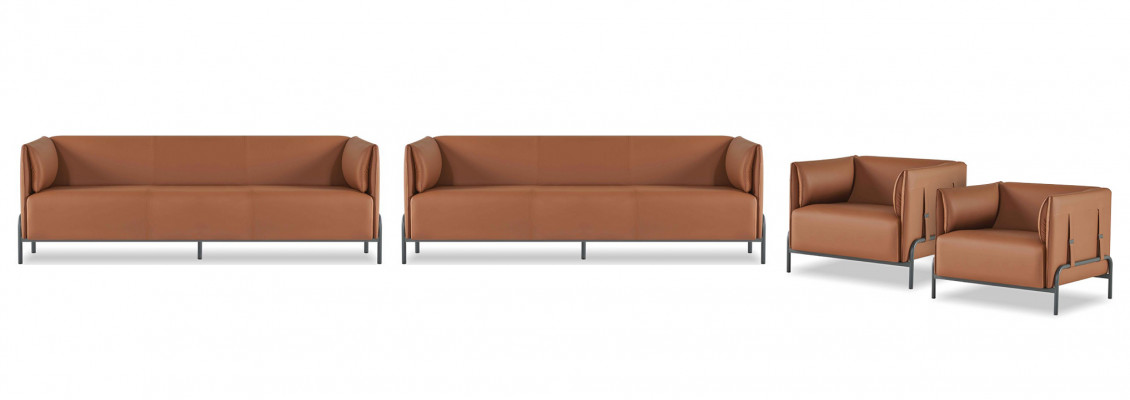 Canapé en cuir marron, mobilier de bureau de designer, deux fauteuils trois places.