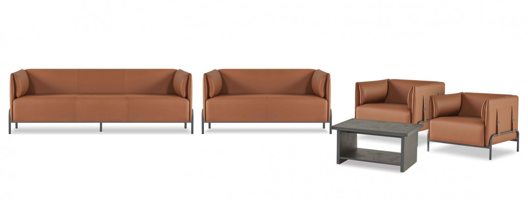 Canapé d'angle brun pour bureau, mobilier design en cuir, ensemble de 5 pièces.