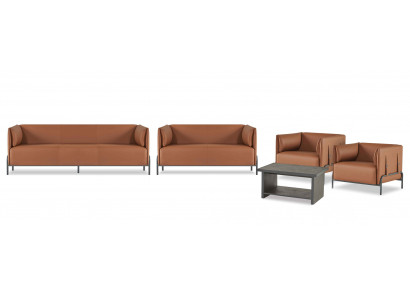 Canapé d'angle brun pour bureau, mobilier design en cuir, ensemble de 5 pièces.