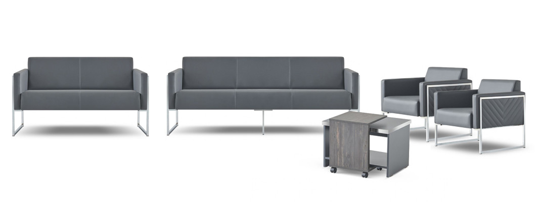 Ensemble de bureau 5 pièces: canapé 3 places, canapé 2 places, 2 fauteuils, table basse, style gris.