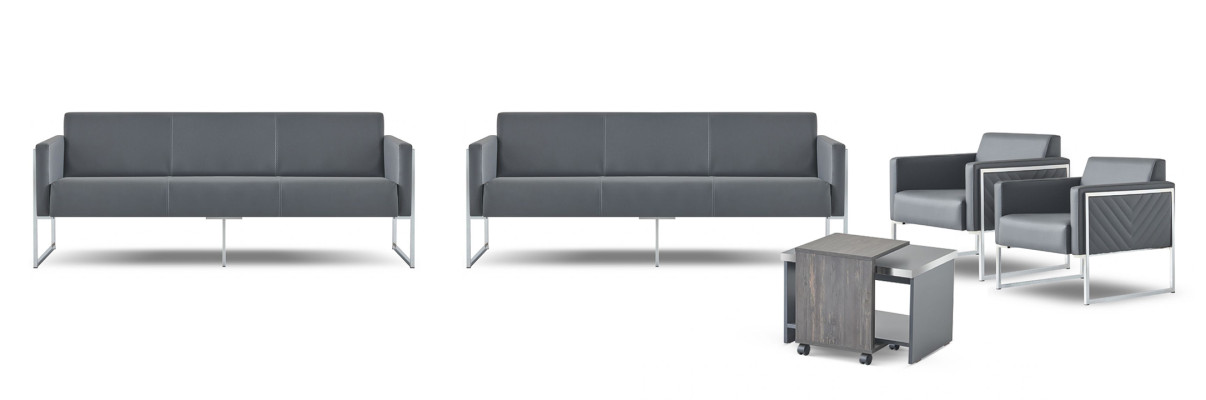 Ensemble de bureau 5 pièces : 2x canapé 3 places, 2x fauteuil, table basse, gris uni