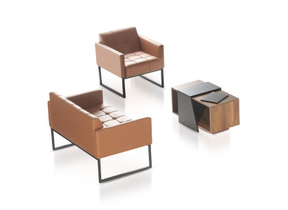 Ensemble bureau brun gris 3 pièces, canapé 2 places, fauteuil, table basse, style moderne.