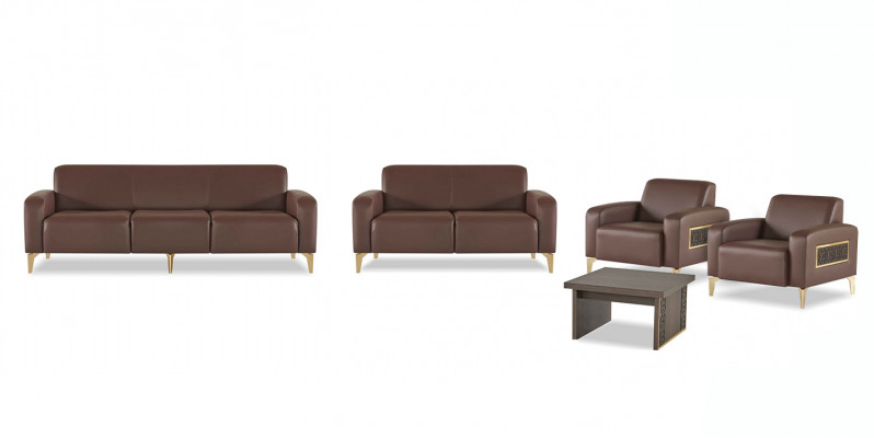 Table basse design, fauteuil, 2x canapés, meubles exclusifs de bureau marron.