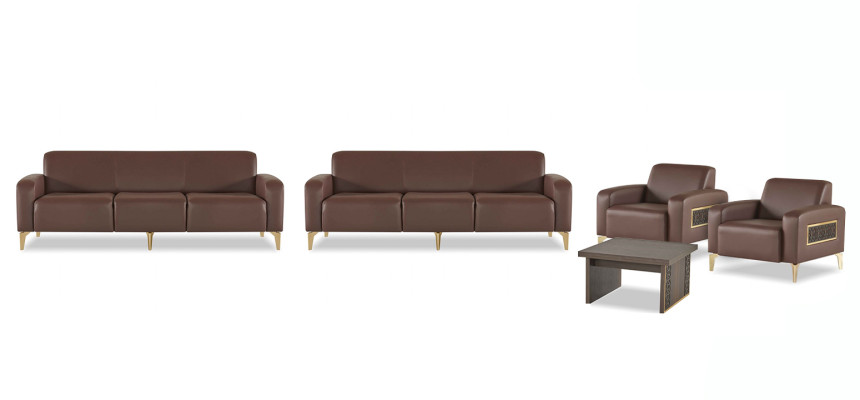 Ensemble de bureau marron en cuir : canapé trois places, 2 fauteuils inclinables, table basse.