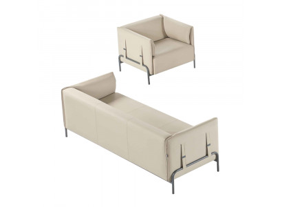 Ensemble de bureau 2 pièces, fauteuil 3 places, fauteuil beige uni, coussins, salon