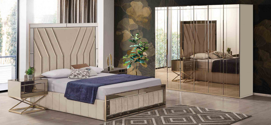 Lit de chambre beige, lit double de designer, cadre de lit luxueux, lit.