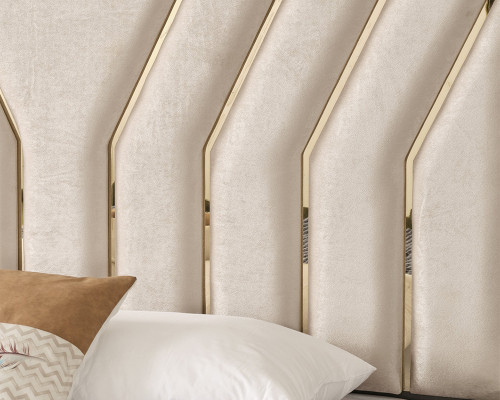 Lit de chambre beige, lit double de designer, cadre de lit luxueux, lit.