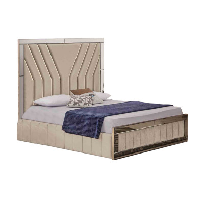 Lit de chambre beige, lit double de designer, cadre de lit luxueux, lit.