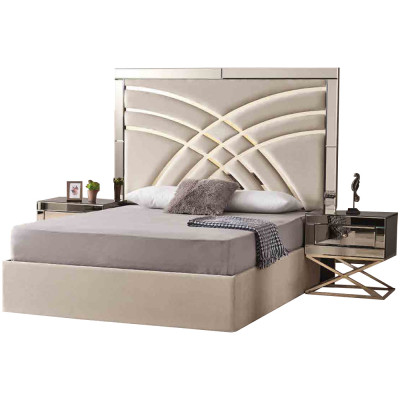 Mobilier de chambre beige Lit textile de luxe en bois 2x tables de chevet 3 pièces.