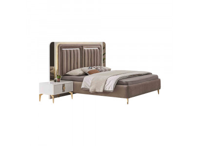 Chambre à coucher blanche et brune ensemble design lit double avec 2 tables de chevet 3 pièces