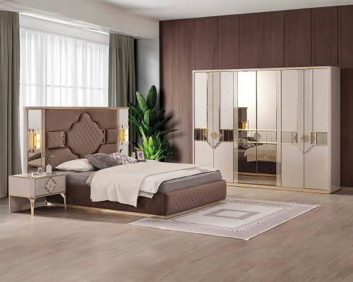 Ensemble de chambre exclusif brun-beige lit double 2 tables de chevet