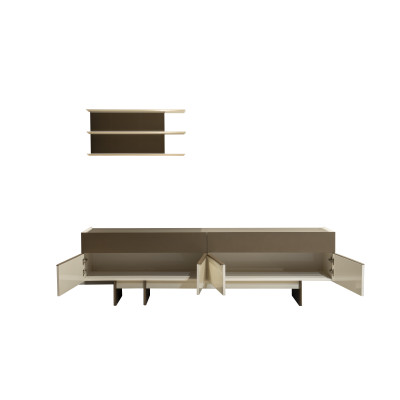 Ensemble de salon beige-brun en bois, meubles nobles, buffet, étagère murale.