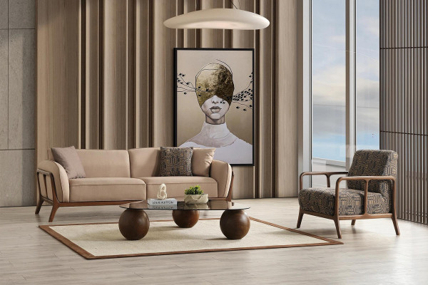 Canapé trois places beige élégant salon meuble siège fauteuil rembourré