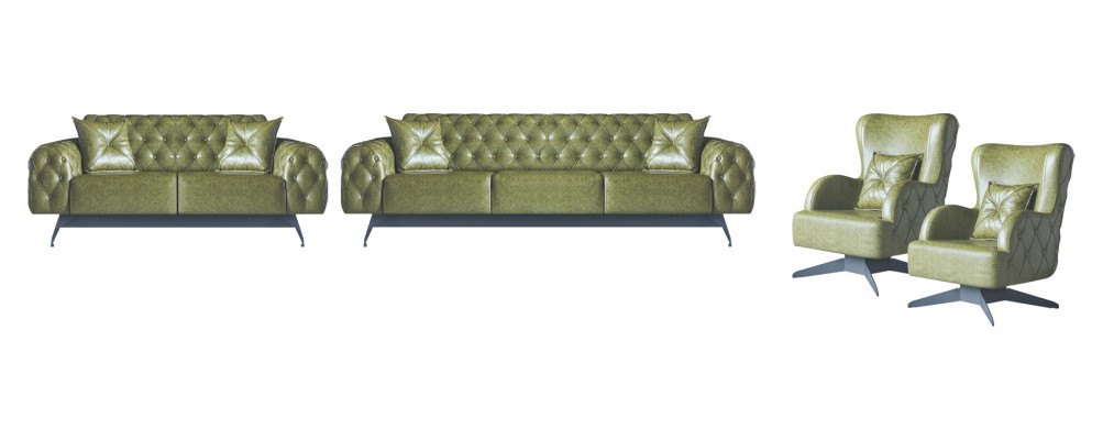Ensemble Chesterfield Rembourré 3-places 2-places Fauteuil Vert Classique Cuir 4-pièces.