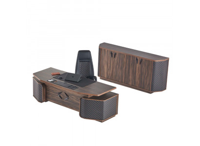 Ensemble de bureau : bureau, chaise de bureau, buffet noir et marron, fauteuil de direction.
