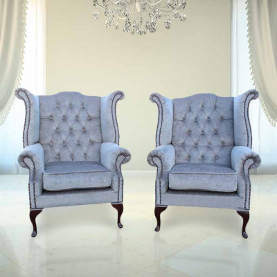 Fauteuil Chesterfield Oreilles Canapé Sofa Tapisserie Siège Salon Bleu Bébé Relax