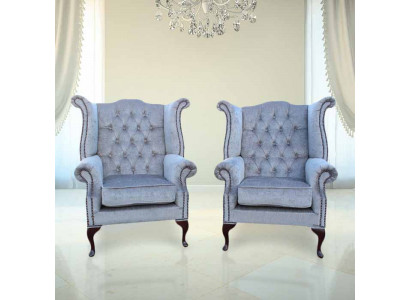 Fauteuil Chesterfield Oreilles Canapé Sofa Tapisserie Siège Salon Bleu Bébé Relax