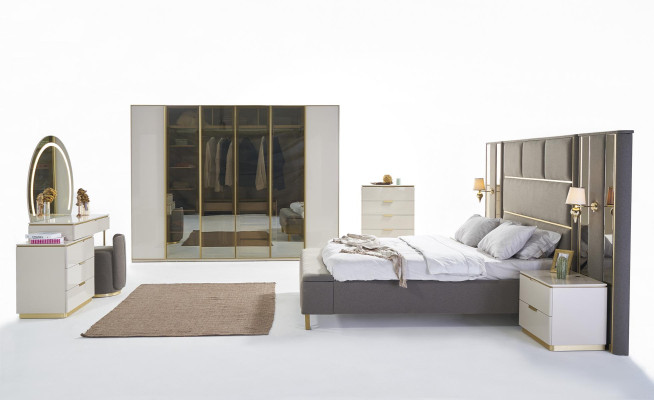 Ensemble de chambre de luxe Lit Table de chevet Commode Miroir Armoire Mobilier 7 pièces