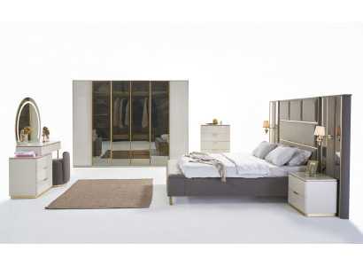 Ensemble de chambre de luxe Lit Table de chevet Commode Miroir Armoire Mobilier 7 pièces