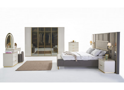 Ensemble de chambre de luxe Lit Table de chevet Commode Miroir Armoire Mobilier 7 pièces