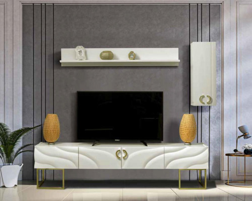 Unité murale Armoire TV Buffet Meuble TV 220cm Commode murale en bois Blanc
