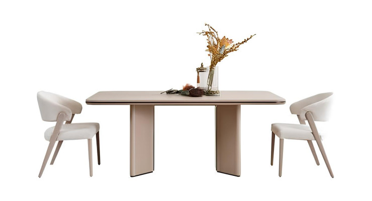 Ensemble de salle à manger complet en beige : Table à manger, chaises, bahut, miroir