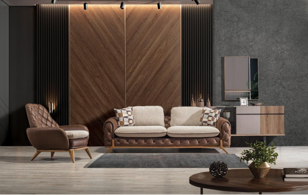 Elégant ensemble de salon en cuir marron avec canapé 3 places design et 2 fauteuils.