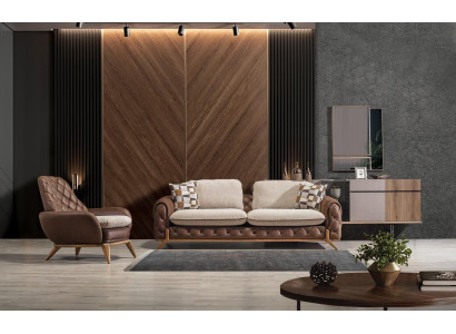 Elégant ensemble de salon en cuir marron avec canapé 3 places design et 2 fauteuils.