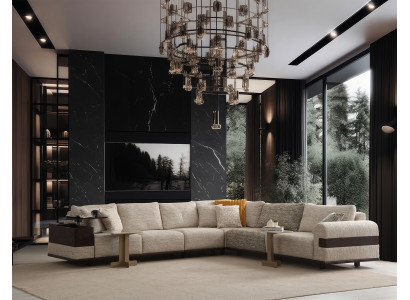 Stilvolles Ecksofa Designer Holz Beistelltische Textilcouch Möbel