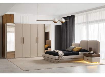 Designer Schlafzimmer Möbel Beiges Polsterbett Nachttische Schrank