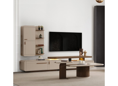 Beige Wohnzimmer Garnitur Designer TV-Lowboard Holz Wandschränke