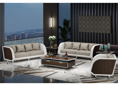 Elegantes Stoffsofa-Set 3+3+1 in Weiß-Grau für Büro oder Lounge