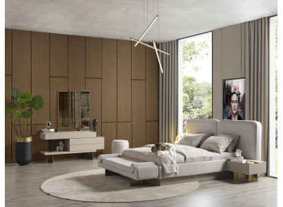 Schlafzimmer Beige Bett 2x Nachttische Schminktisch mit Spiegel Hocker