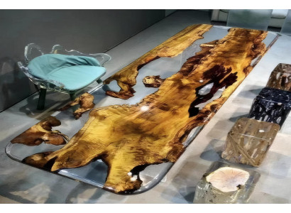 Luxus Epoxidharztisch Transparent Goldakazie Modern Tisch für das Esszimmer