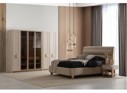 Beige Schlafzimmer Garnitur Doppelbett 2x Nachttische Kleiderschrank
