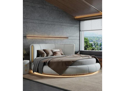 Weißes LED-Bett Designer Rundbett Schlafzimmer Luxus Polsterbett