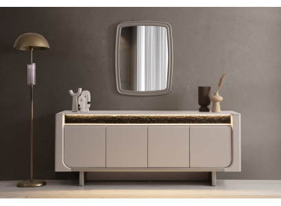 Edle Beige Kommode Designer Holzmöbel Esszimmer Konsole Spiegel