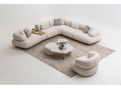 Beige Moderne Couchgarnitur Textilsofa Holz Couchtisch Hocker 5tlg