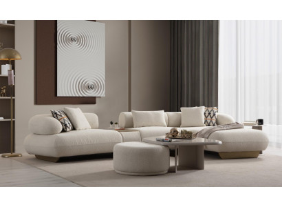 Elegantes Relax-Sofa aus Bouclé-Stoff in Creme mit Konsole Couchtisch und Pouf