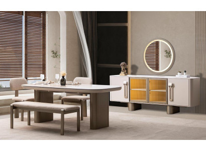 Modernes Esszimmer Set mit Tisch 4 Stühlen Bank Sideboard und Spiegel